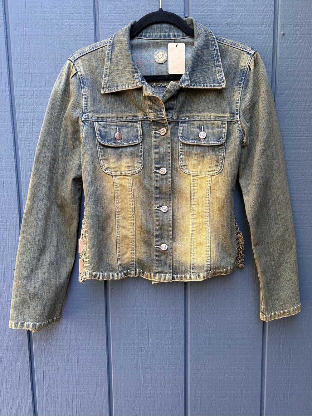 Y2K Crest Denim Jacket With Crochet Details & Faded Yellow Wash